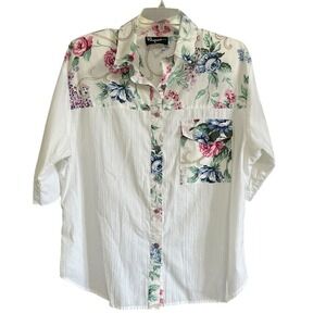 Rhymes Vintage Floral Yoke Button Up Blouse Sz L White Short Sleeve Textured